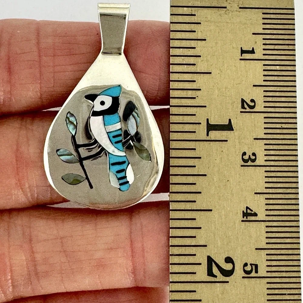 Zuni Blue Jay Pendant 1.5in  Edaakie Native Amer Inlay Turquoise Sterling Animal